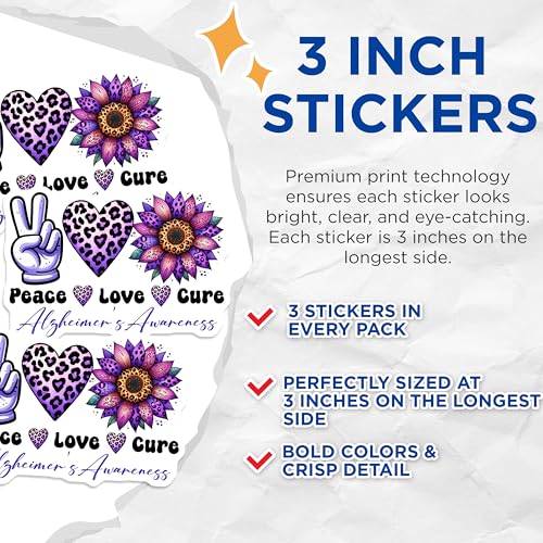 (3 Pack) Alzheimers Awareness Decals - Peace Love Cure - Purple Flower Decals - 3 Inches On Longest Side - Easy Peel & Apply - Made in USA - 3MCS8553