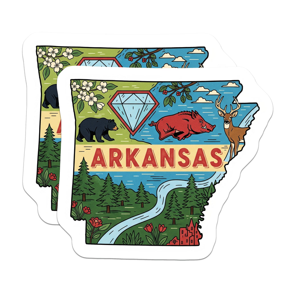 (2 Pack) Arkansas State Stickers - Bear Deer Boar - Diamond State Souvenir - 5" On Longest Side - Sticks to Smooth Flat Surfaces - Made in USA - BMCS17645