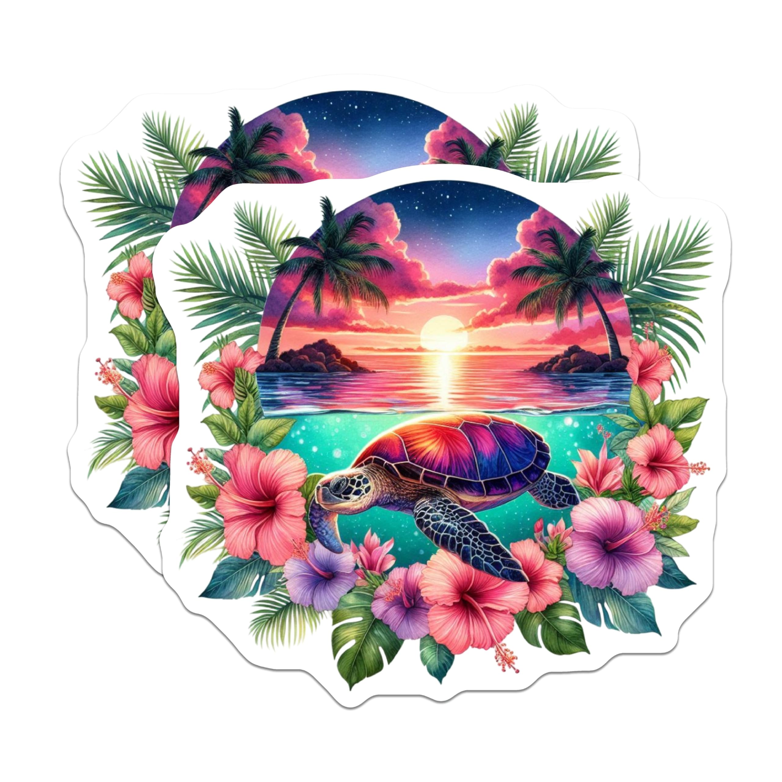 (2 Pack) Sea Turtle Magnets - Tropical Sunset Ocean Decor - Vibrant Hibiscus Beach Scene - 5 Inches On Longest Side - Thick Durable Magnet - Made in USA - MAG20443