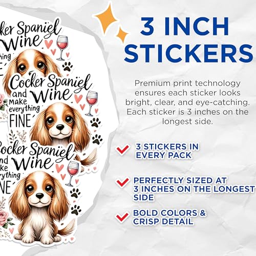 (3 Pack) Cocker Spaniel Decals - Wine Lover - Laptop Decal - 3 Inches On Longest Side - Easy Peel & Apply - Made in USA - 3MCS1247