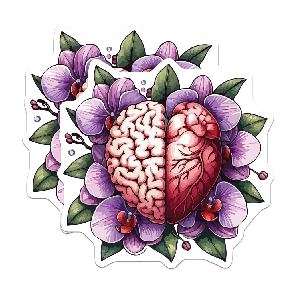 (2 Pack) Brain Heart Magnets - Orchid Flower Art - Anatomy Love Symbol Decor - Mind Body Balance - Floral Illustration - 5 Inches On Longest Side - Thick Durable Magnet - Made in USA - MAG19663