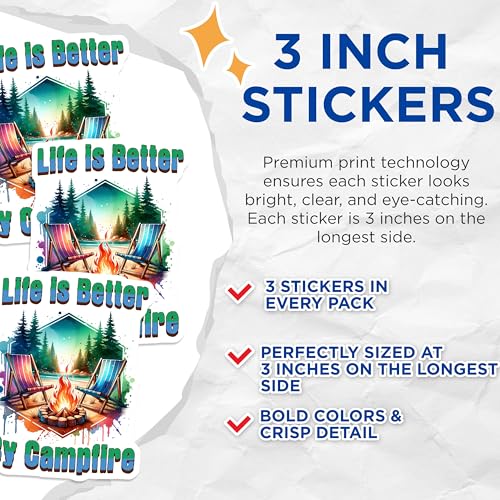 (3 Pack) Campfire Decals - Camping Stickers - Nature Decals- 3 Inches On Longest Side - Easy Peel & Apply - Made in USA - 3MCS5591