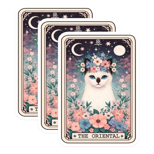 (3 Pack) Oriental Cat Decals - Floral Crown Siamese - Tarot Card Laptop Decal - 3 Inches On Longest Side - Easy Peel & Apply - Made in USA - 3MCS4010