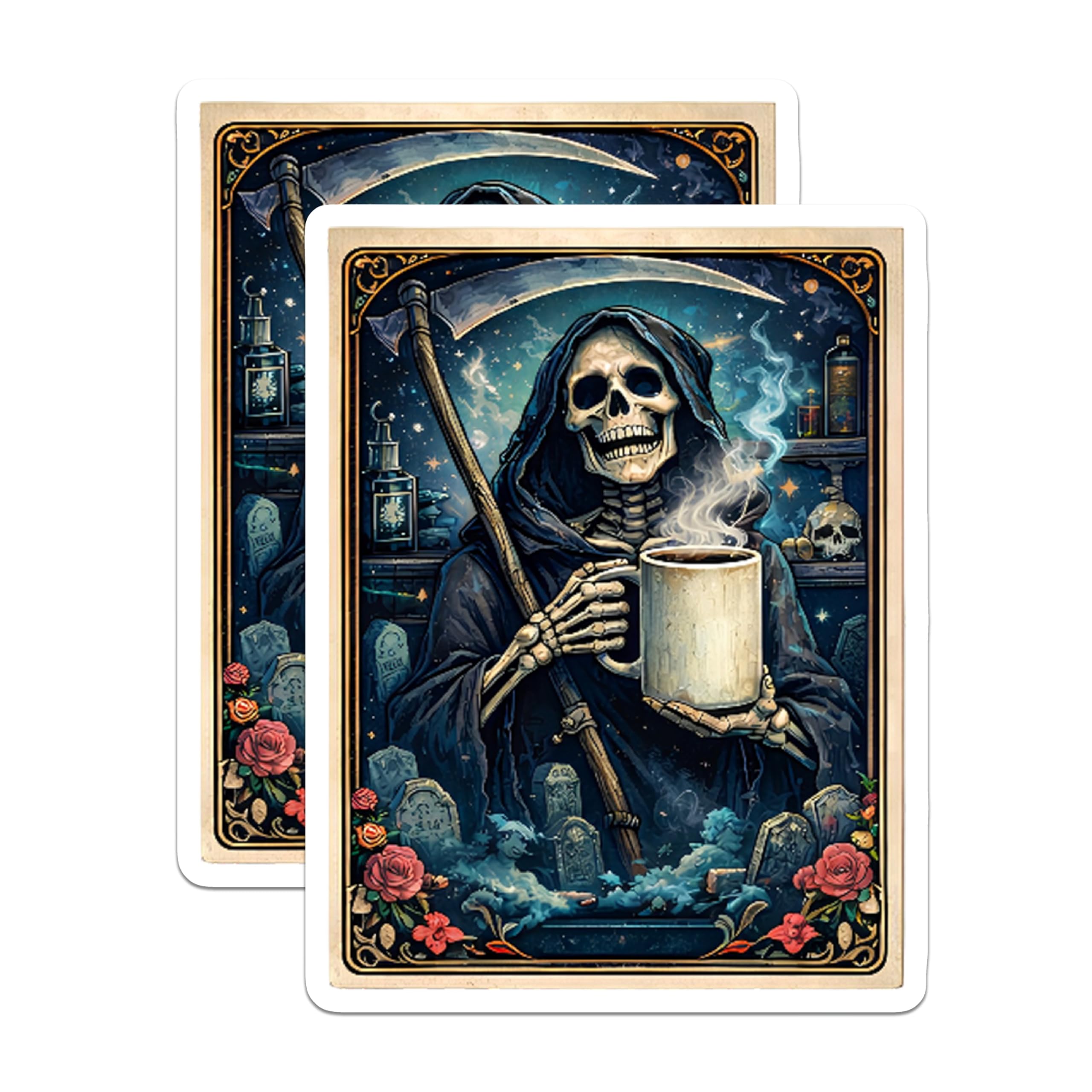 (2 Pack) Grim Reaper Coffee Magnets - Gothic Death Art - Spooky Kitchen Decor - 5" On Longest Side - Premium Magnet - for Cars, Refrigerators, Toolboxes, Lockers - Made in USA - MAG14723