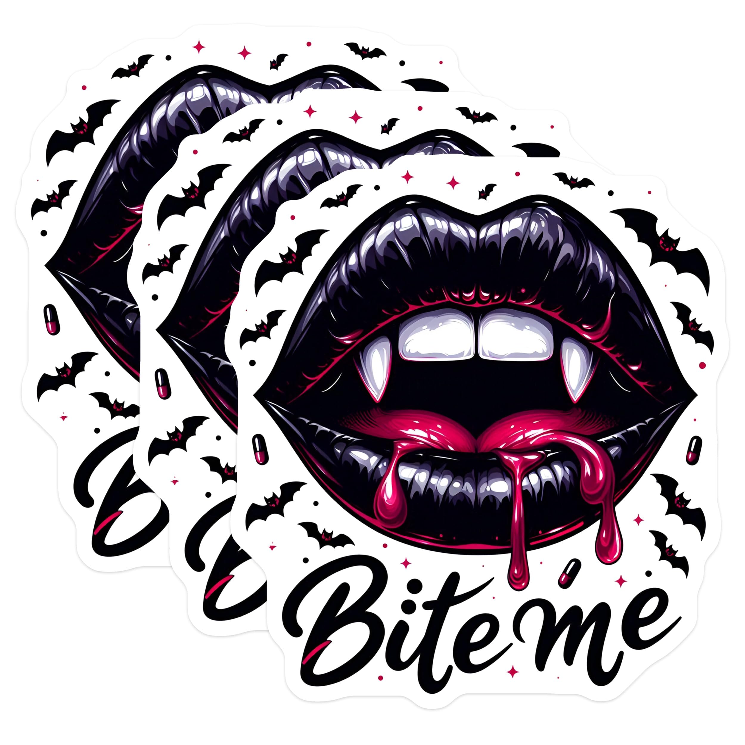 (3 Pack) Vampire Lips Decals - Gothic Bite Me - Spooky Bats Decals - 3 Inches On Longest Side - Easy Peel & Apply - Made in USA - 3MCS4865