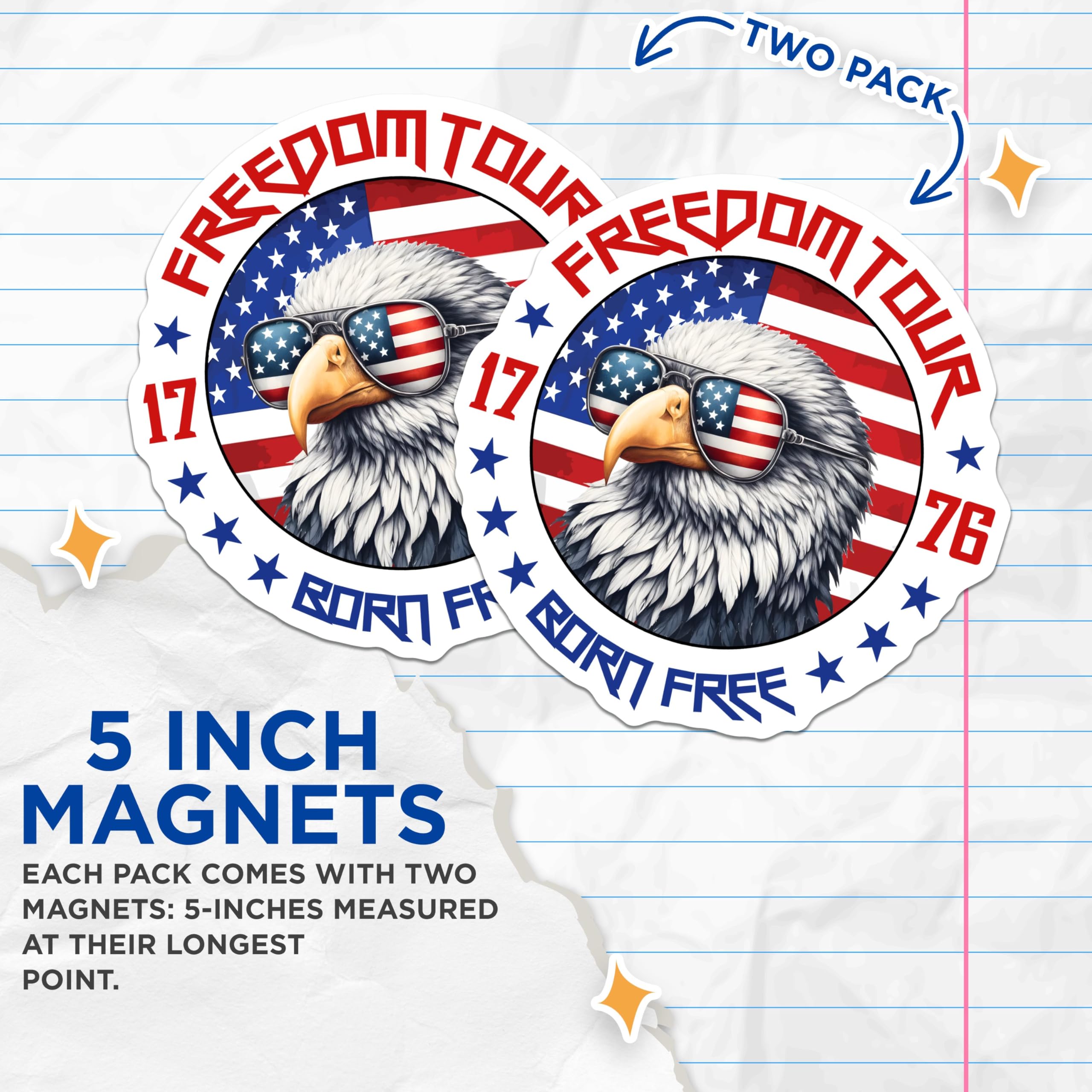 (2 Pack) Freedom Tour Magnets - Patriotic Eagle - Born Free USA - American Spirit - 5" On Longest Side - for Cars, Fridges, Toolboxes - Made in USA - MAG7401
