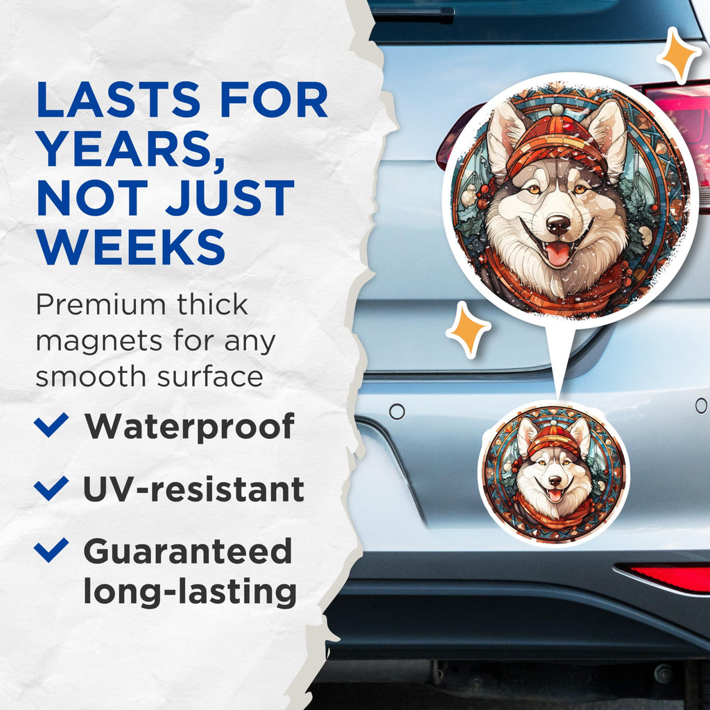 (2 Pack) Husky Stained Glass Magnets - Christmas Dog - Winter Holiday Decor - 5 Inches On Longest Side - Thick Durable Magnet - Made in USA - MAG25977