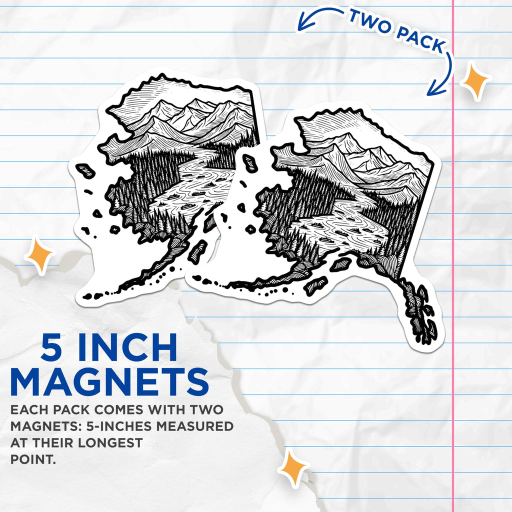 (2 Pack) Alaska State Map Magnets - Mountain River Scene - Alaska Artwork - 5" On Longest Side - Premium Magnet - for Cars, Refrigerators, Toolboxes, Lockers - Made in USA - MAG18260