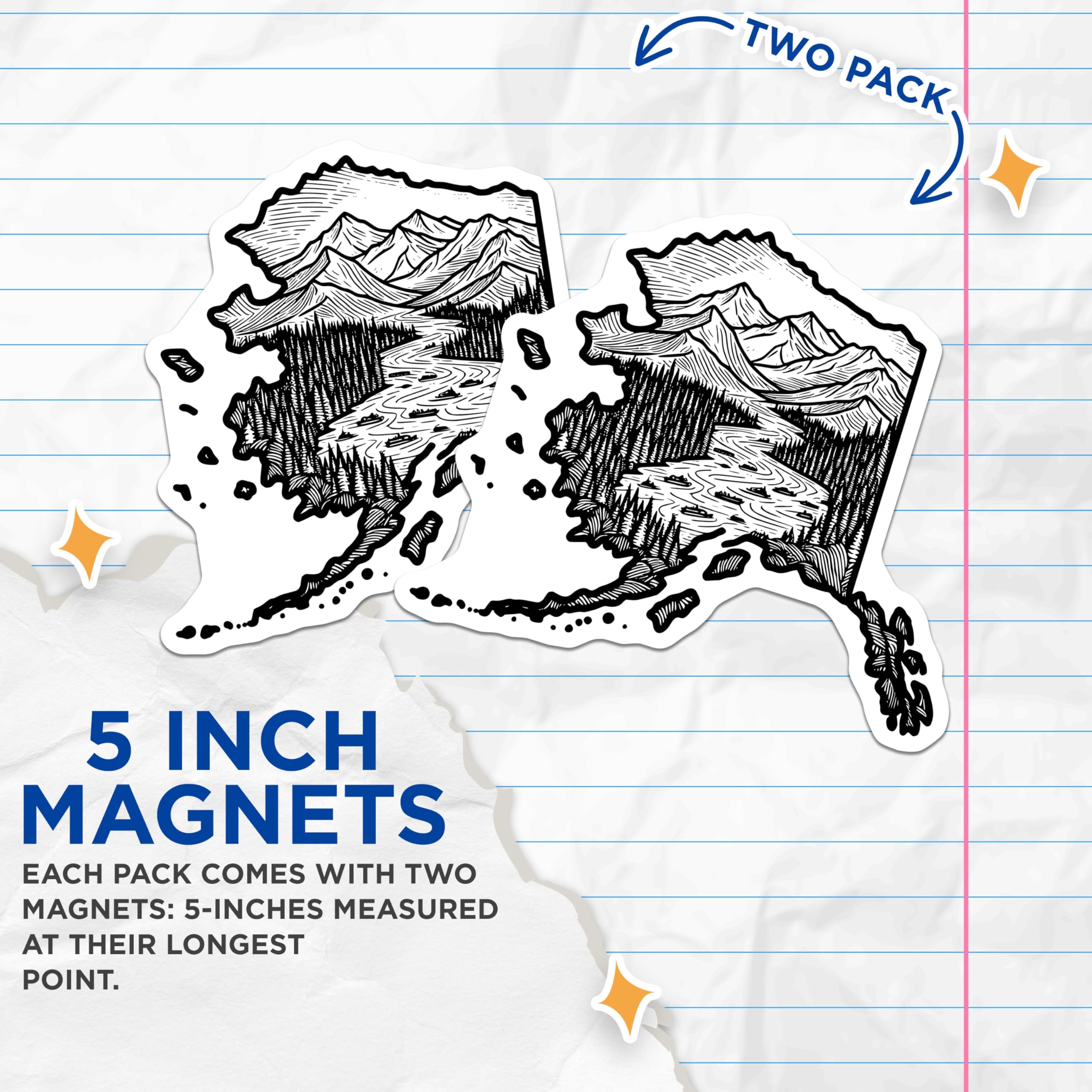 (2 Pack) Alaska State Map Magnets - Mountain River Scene - Alaska Artwork - 5" On Longest Side - Premium Magnet - for Cars, Refrigerators, Toolboxes, Lockers - Made in USA - MAG18260