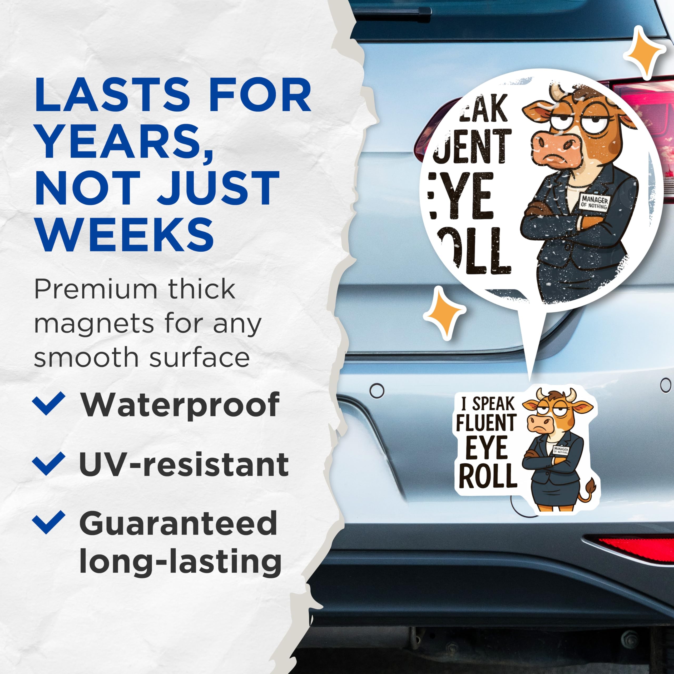 (2 Pack) Eye Roll Cow Magnets - Sarcastic Humor Decor - Funny Manager Desk Accessory - 5 Inches On Longest Side - Thick Durable Magnet - Made in USA - MAG22727