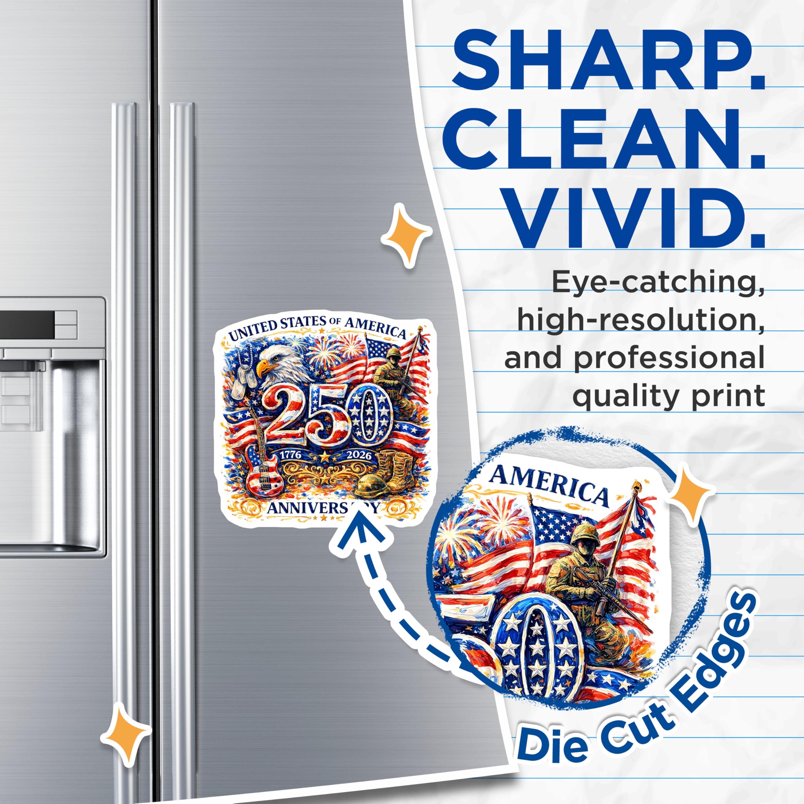 (2 Pack) 250th Anniversary USA Magnets - Patriotic Military Eagle Flag - Veteran American History Fridge Decor - 5 Inches On Longest Side - Thick Durable Magnet - Made in USA - MAG27450