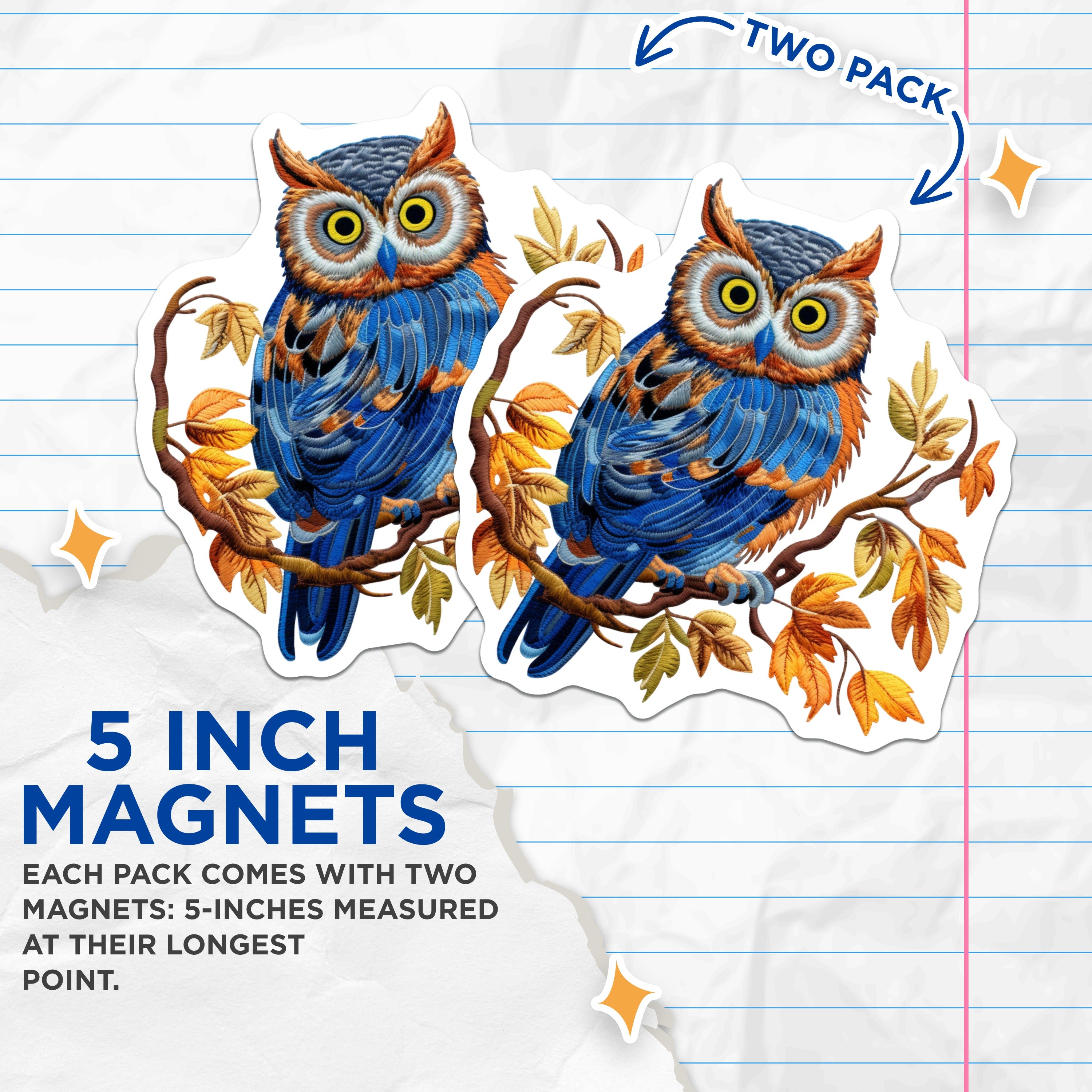 (2 Pack) Woodland Owl Magnets - Faux Embroidery Wise Bird Art - Autumn Nature Decor Fridge Locker - 5 Inches On Longest Side - Thick Durable Magnet - Made in USA - MAG38248