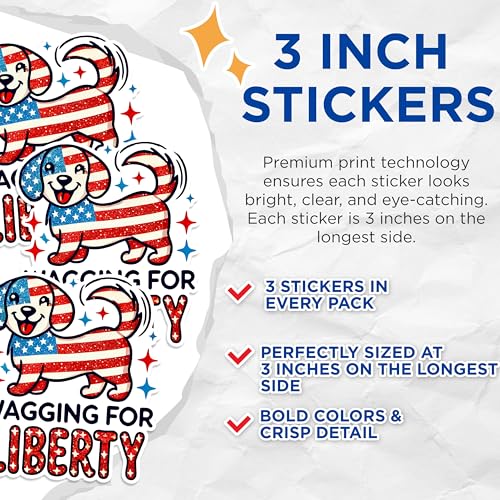 (3 Pack) Patriotic Dog Decals - American Flag Decal - Wagging for Liberty - 3 Inches On Longest Side - Easy Peel & Apply - Made in USA - 3MCS1536