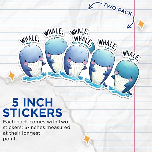 (2 Pack) Cute Whale Stickers - Whale Puns Stickers - Adorable Ocean Animal Stickers - 5" On Longest Side - Sticks to Any Smooth Flat Surface - Made in USA - BMCS2647