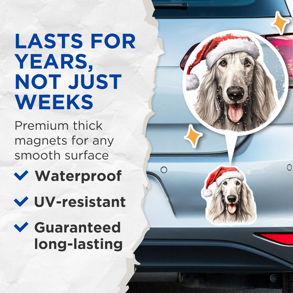 (2 Pack) Afghan Hound Christmas Magnets - Santa Hat Dog Decor - Holiday Pet Owner Present - 5 Inches On Longest Side - Thick Durable Magnet - Made in USA - MAG30807