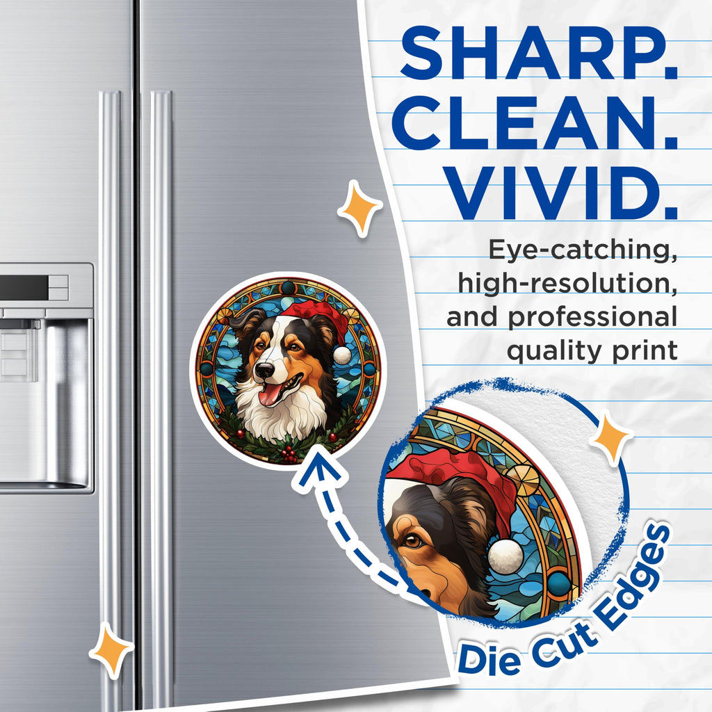 (2 Pack) Australian Shepherd Christmas Magnets - Stained Glass Dog Art - Festive Holiday Pet Decor - 5 Inches On Longest Side - Thick Durable Magnet - Made in USA - MAG27336