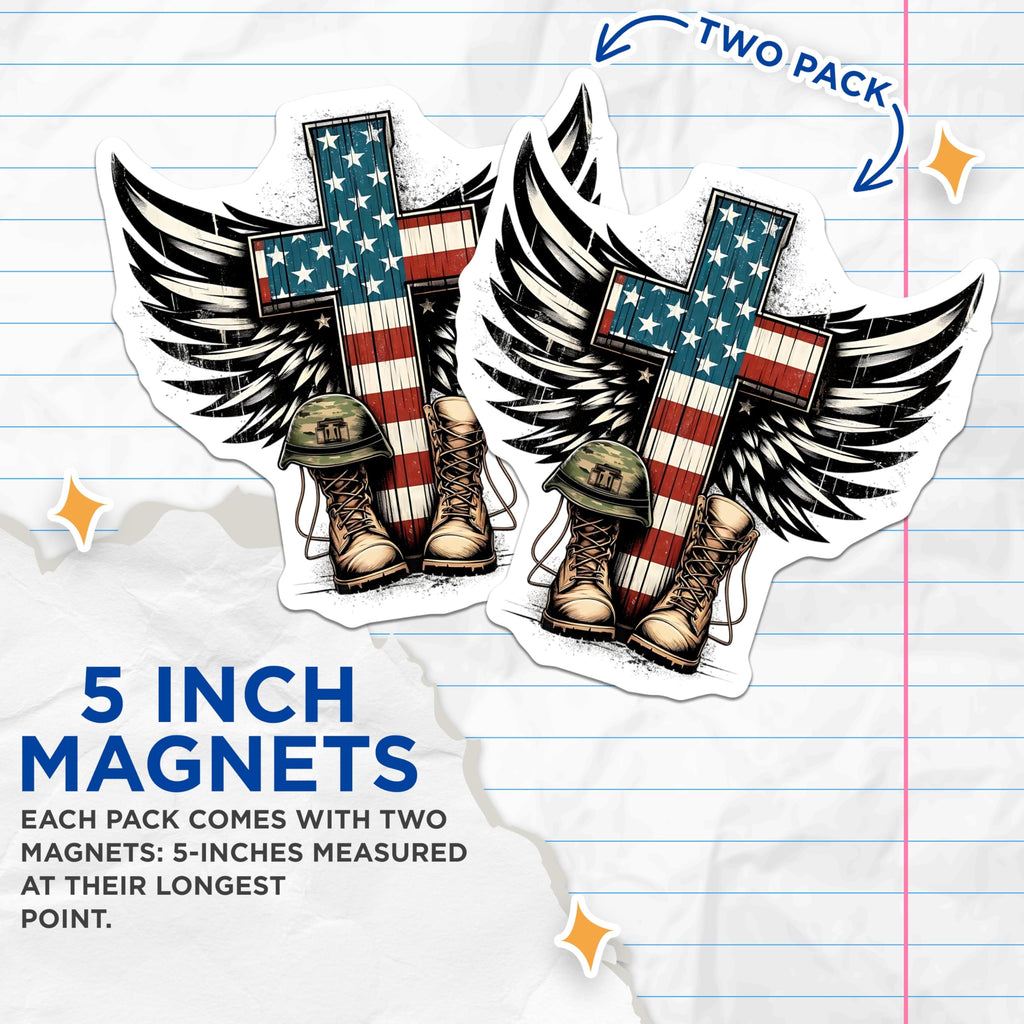 (2 Pack) Memorial Day Magnets - Patriotic American Flag - Military Boots Helmet USA Decor - 5" On Longest Side - Premium Magnet - for Cars, Refrigerators, Toolboxes, Lockers - Made in USA - MAG15592