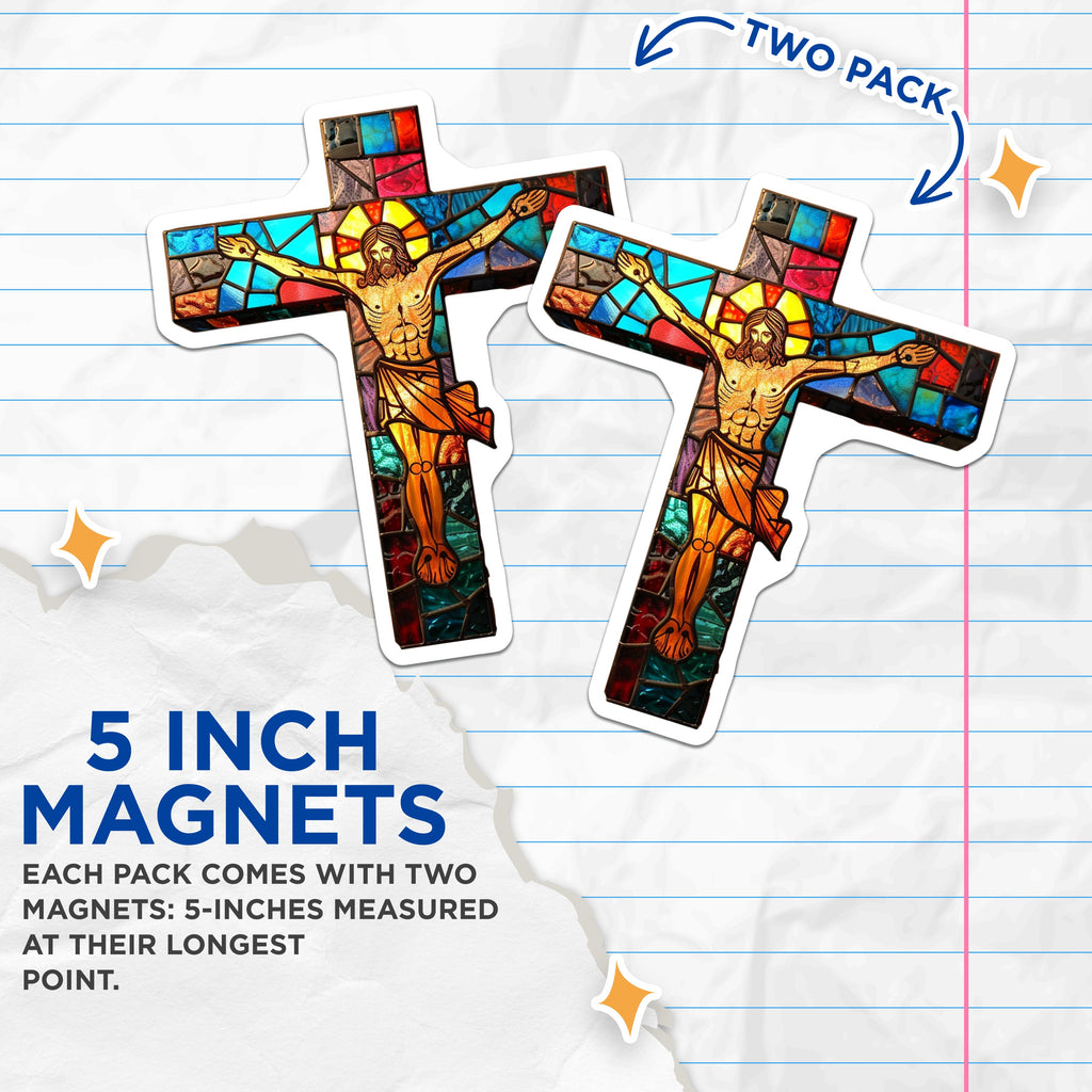 (2 Pack) Stained Glass Cross Magnets - Jesus Christ Crucifix - Christian Kitchen Decor Faith Home - 5 Inches On Longest Side - Thick Durable Magnet - Made in USA - MAG37857