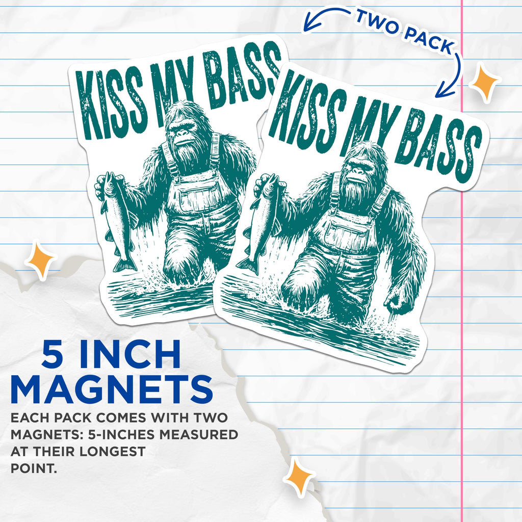 (2 Pack) Humorous Bigfoot Fishing Magnets - Sasquatch Bass Angler Decor - Funny Cryptozoology Refrigerator Accents - 5 Inches On Longest Side - Thick Durable Magnet - Made in USA - MAG20599
