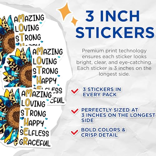 (3 Pack) Mother Sunflower Decals - Amazing Loving Strong - Mothers Day Decals- 3 Inches On Longest Side - Easy Peel & Apply - Made in USA - 3MCS5549