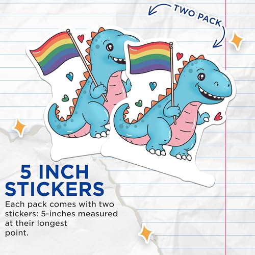 (2 Pack) Cute Dinosaur Stickers - LGBTQ Pride Stickers - Fun Rainbow Flag Stickers - 5" On Longest Side - Sticks to Smooth Flat Surfaces - Made in USA - BMCS6676