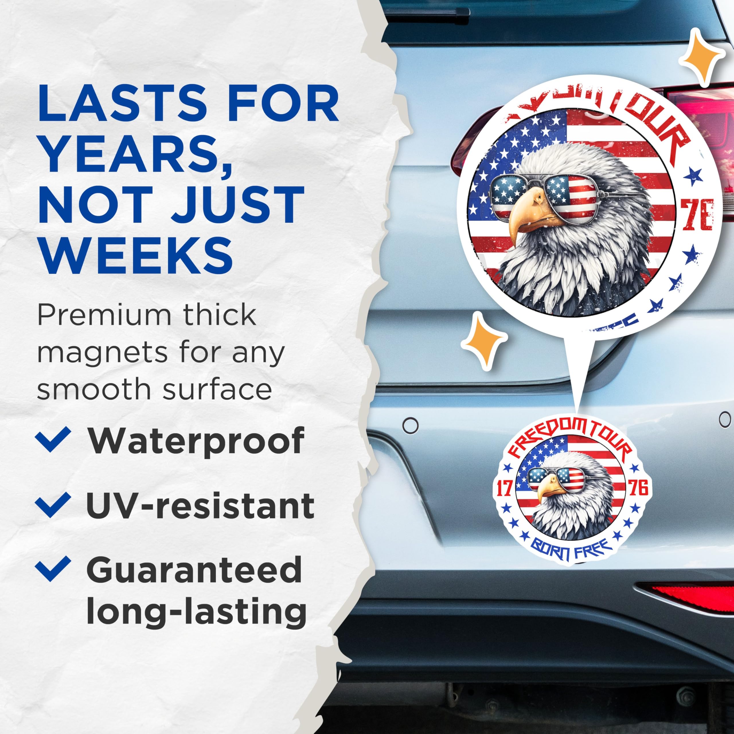 (2 Pack) Freedom Tour Magnets - Patriotic Eagle - Born Free USA - American Spirit - 5" On Longest Side - for Cars, Fridges, Toolboxes - Made in USA - MAG7401