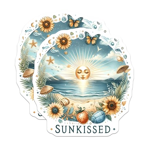 (2 Pack) Sunkissed Stickers - Sunflower Beach Vibes - Ocean Nature Art - 5" On Longest Side - Sticks to Smooth Flat Surfaces - Made in USA - BMCS6251