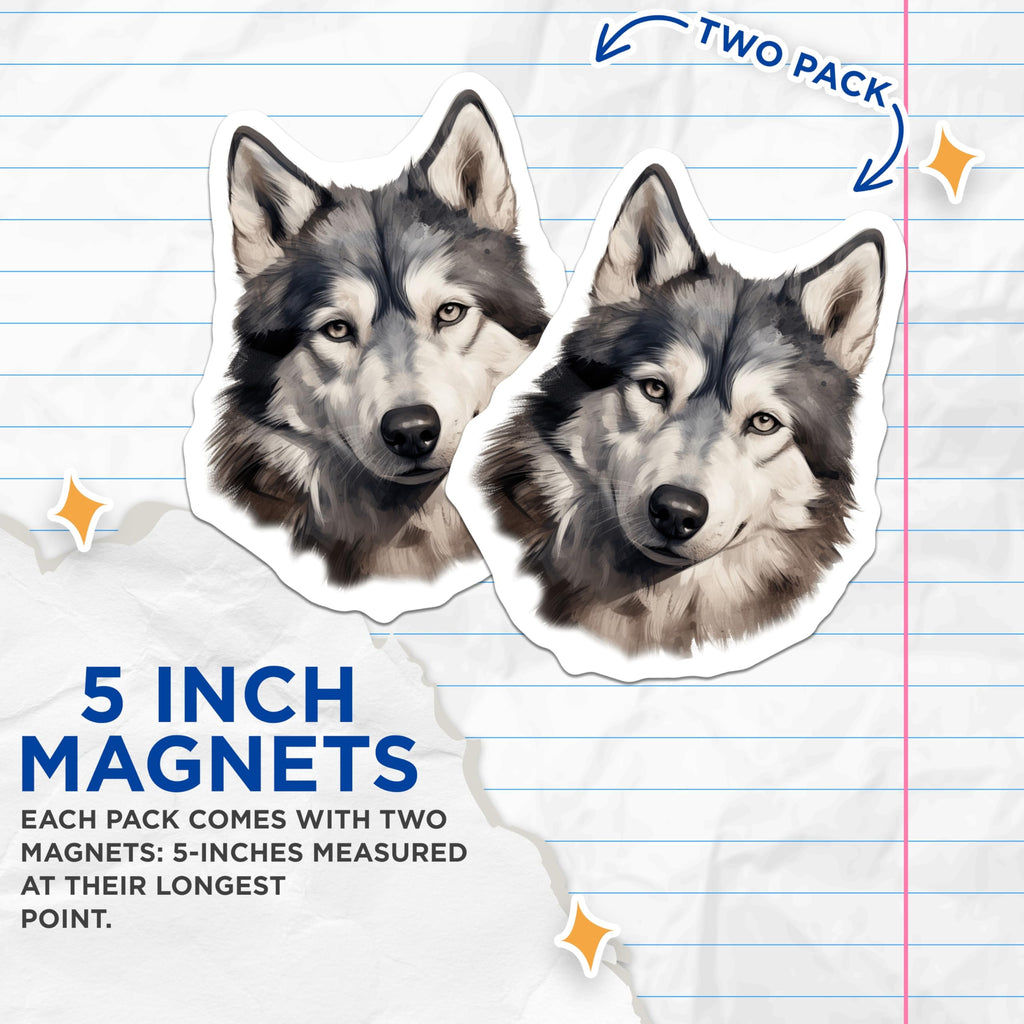 (2 Pack) Majestic Wolf Dog Magnets - Watercolor Siberian Husky Art - Animal Lover Fridge Locker Decor - Wild Canine Tribute - 5 Inches On Longest Side - Thick Durable Magnet - Made in USA - MAG24949