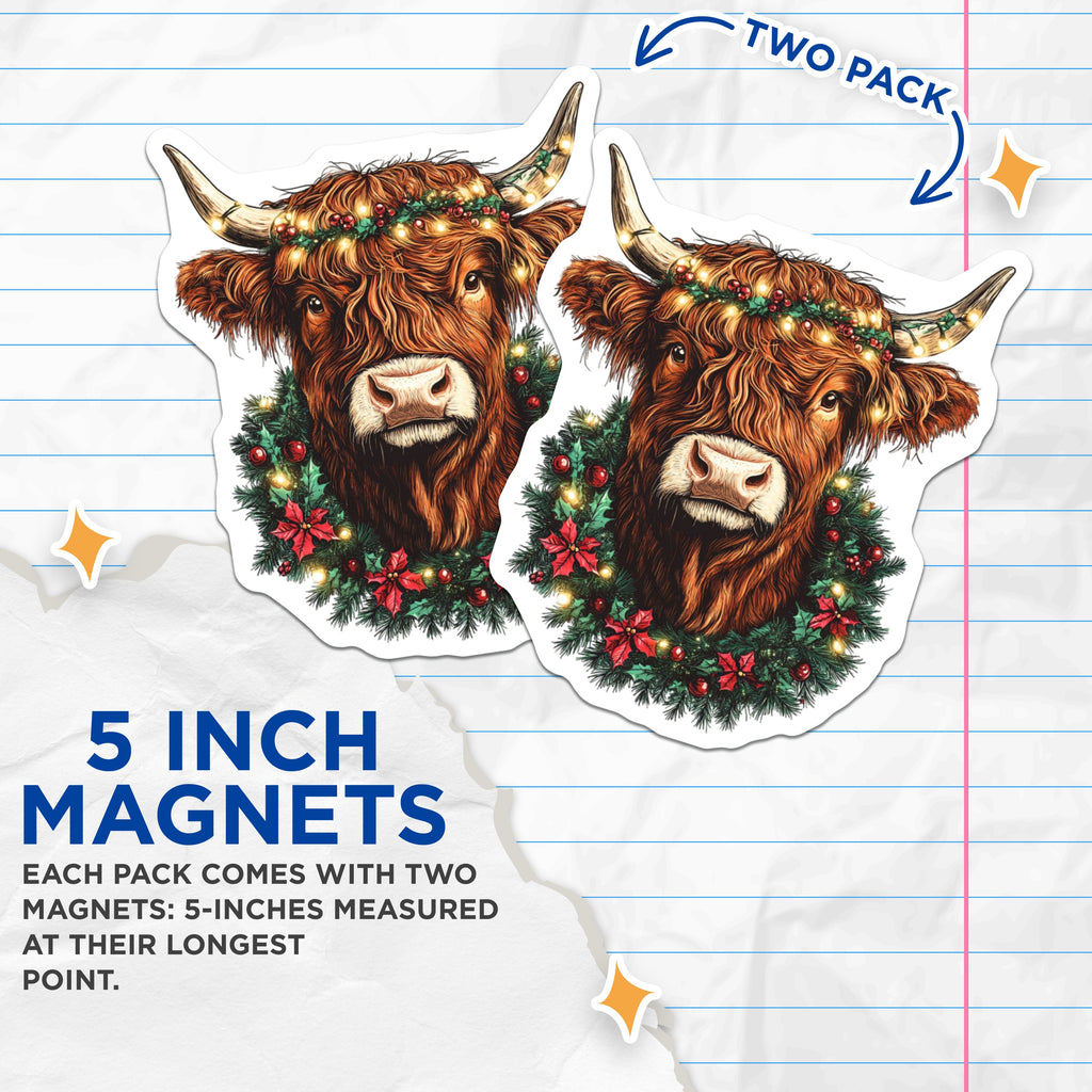(2 Pack) Highland Cow Christmas Magnets - Festive Farm Animal Decor - Rustic Holiday Kitchen Accessory - 5 Inches On Longest Side - Thick Durable Magnet - Made in USA - MAG36855