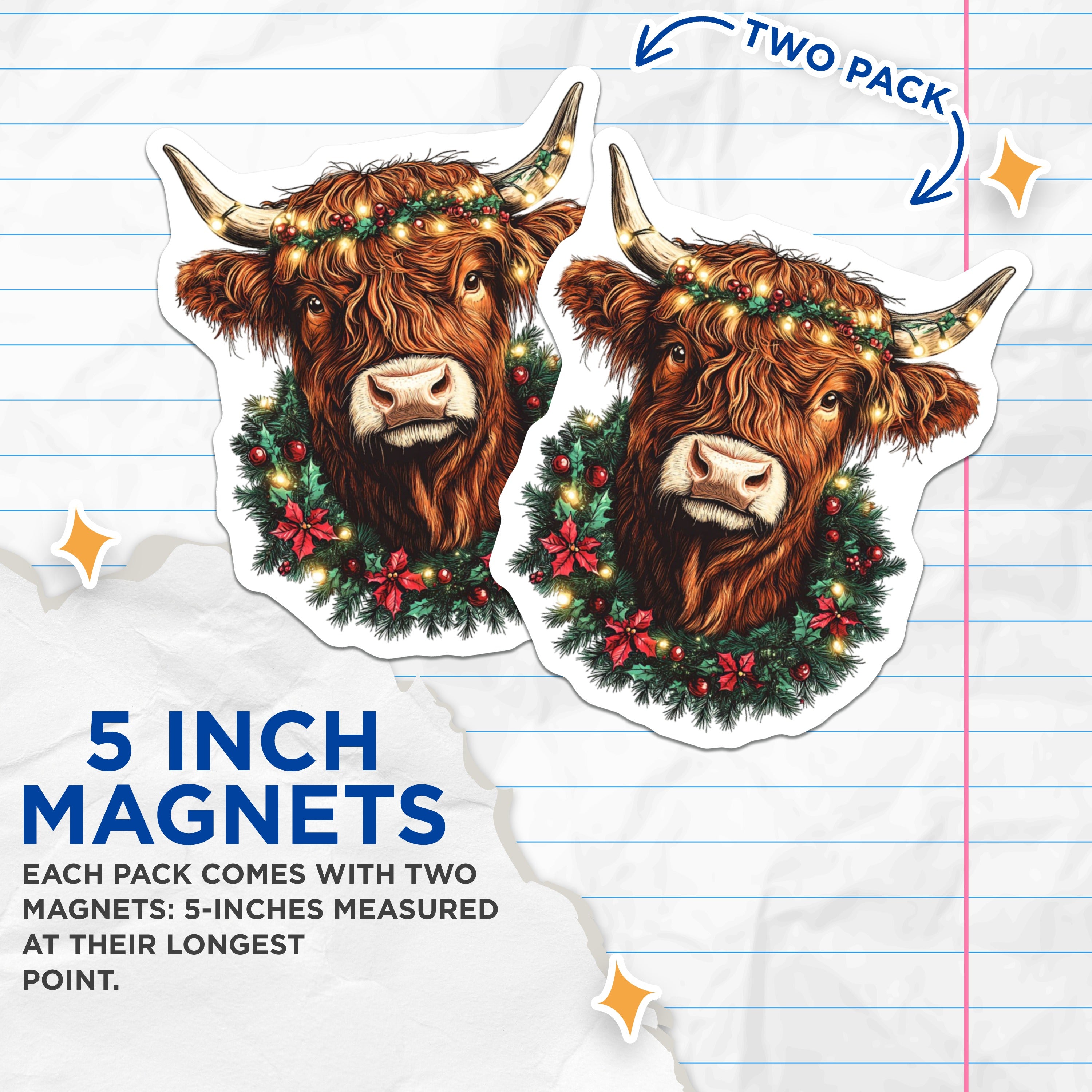 (2 Pack) Highland Cow Christmas Magnets - Festive Farm Animal Decor - Rustic Holiday Kitchen Accessory - 5 Inches On Longest Side - Thick Durable Magnet - Made in USA - MAG36855