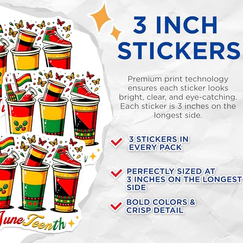 (3 Pack) Juneteenth Decals - Black History - Pan African Decals - 3 Inches On Longest Side - Easy Peel & Apply - Made in USA - 3MCS6130