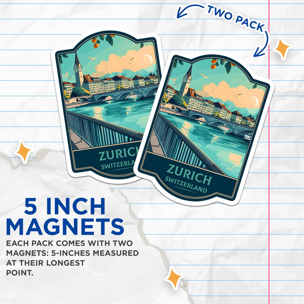 (2 Pack) Zurich Switzerland Magnets - European City Travel Souvenir - Limmat River Cityscape Art - 5 Inches On Longest Side - Thick Durable Magnet - Made in USA - MAG20642