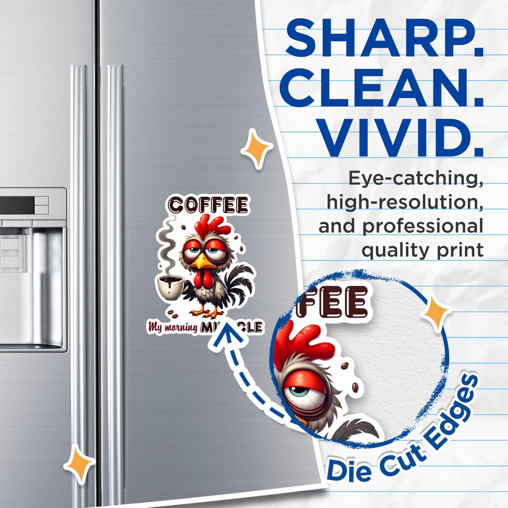 (2 Pack) Coffee My Morning Miracle Magnets - Funny Coffee Rooster Magnets - Cute Coffee Joke Magnets- 5" On Longest Side - for Fridges, Toolboxes, Cars - Made in USA - MAG2783