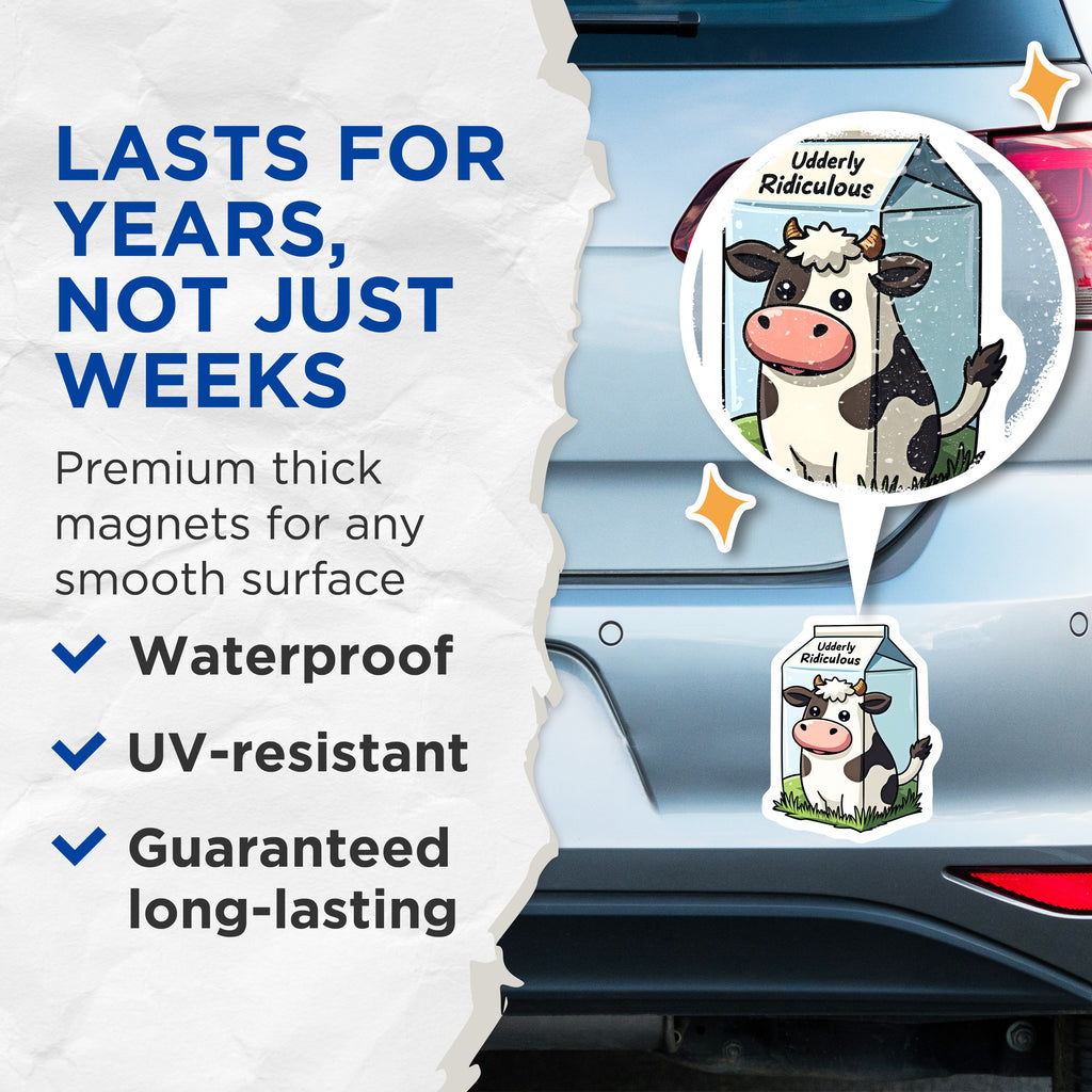 (2 Pack) Udderly Ridiculous Cow Pun Magnets - Funny Animal Humor - Kitchen Refrigerator Decor - 5 Inches On Longest Side - Thick Durable Magnet - Made in USA - MAG36662