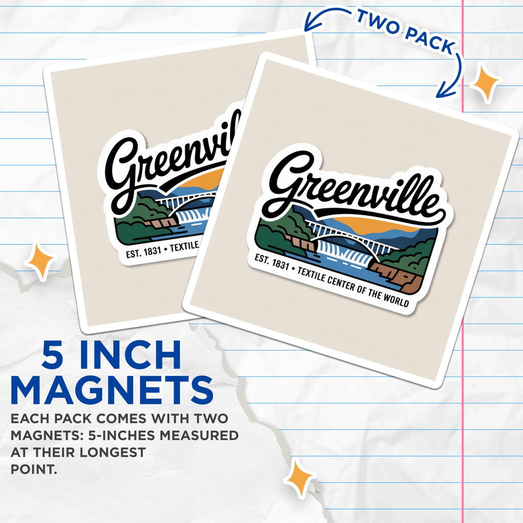 (2 Pack) Greenville South Carolina Magnets - Hometown Souvenir - Textile Center SC - 5" On Longest Side - Premium Magnet - for Cars, Refrigerators, Toolboxes, Lockers - Made in USA - MAG18995