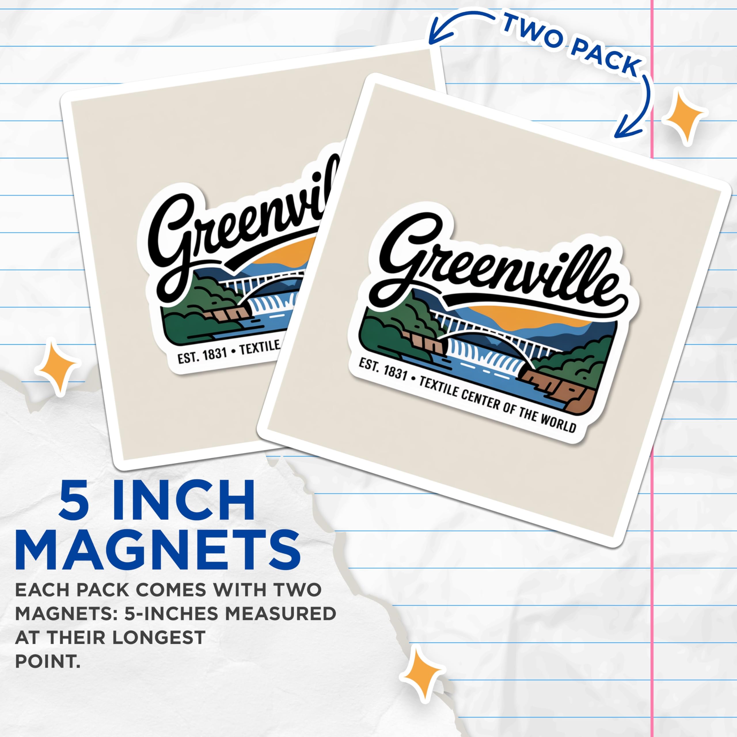 (2 Pack) Greenville South Carolina Magnets - Hometown Souvenir - Textile Center SC - 5" On Longest Side - Premium Magnet - for Cars, Refrigerators, Toolboxes, Lockers - Made in USA - MAG18995