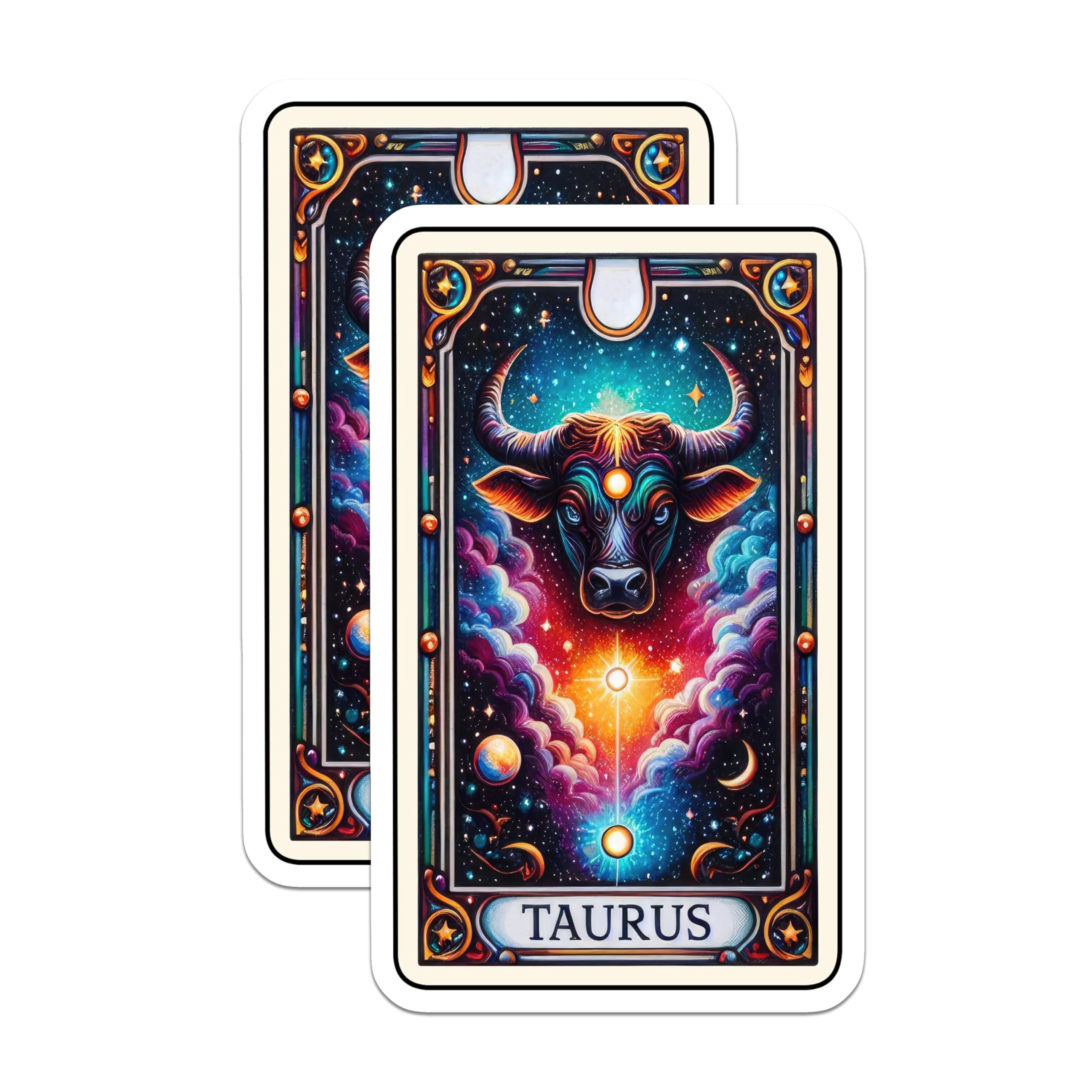 (2 Pack) Taurus Zodiac Sign Stickers - Cosmic Bull Art Stickers - Astrological Star Sign Stickers - 5" On Longest Side - Sticks to Smooth Flat Surfaces - Made in USA - BMCS5337