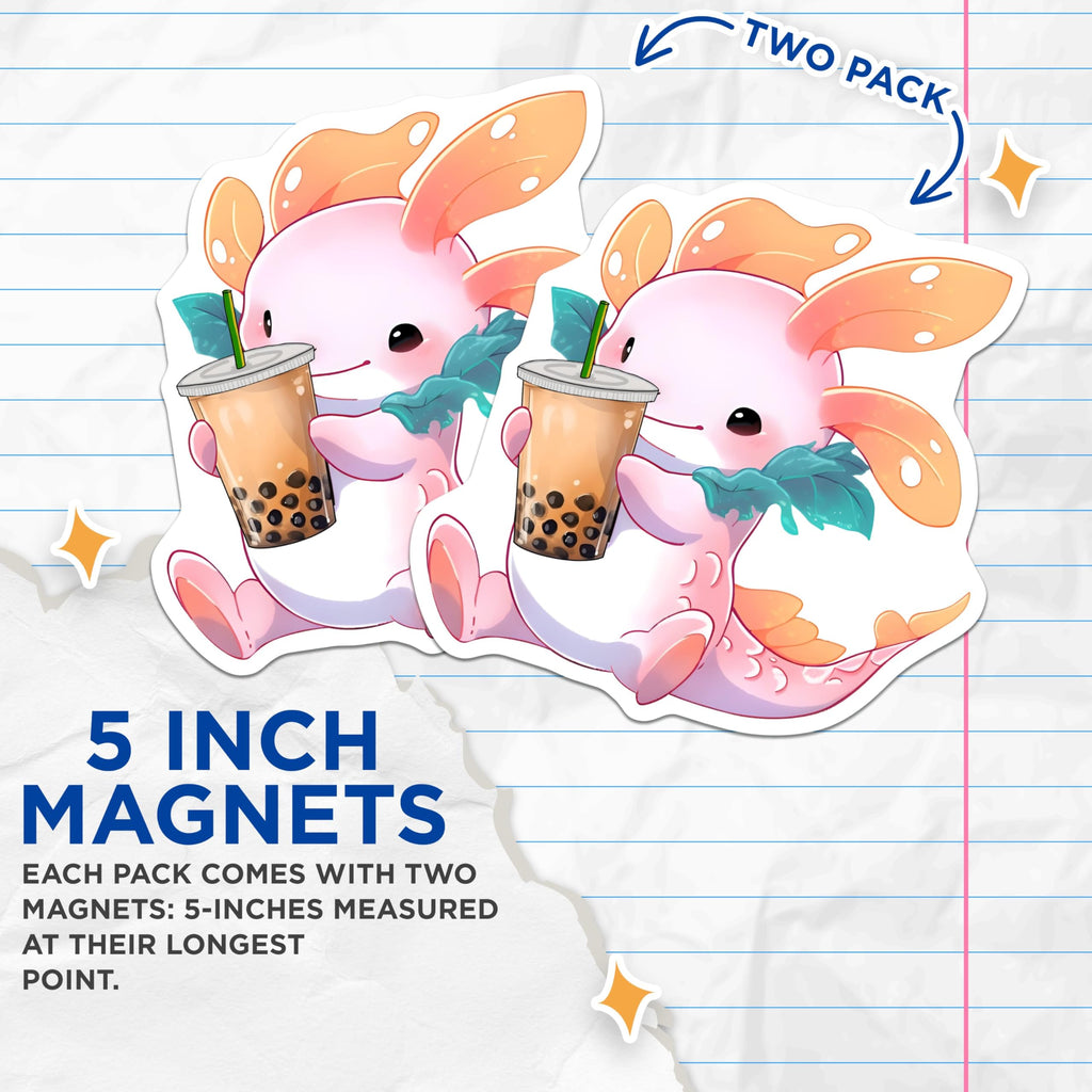 (2 Pack) Cute Axolotl Holding Boba Tea Magnets - Kawaii Animal Lover - Unique Axolotl Art - 5" On Longest Side - for Cars, Fridges, Toolboxes - Made in USA - MAG7790