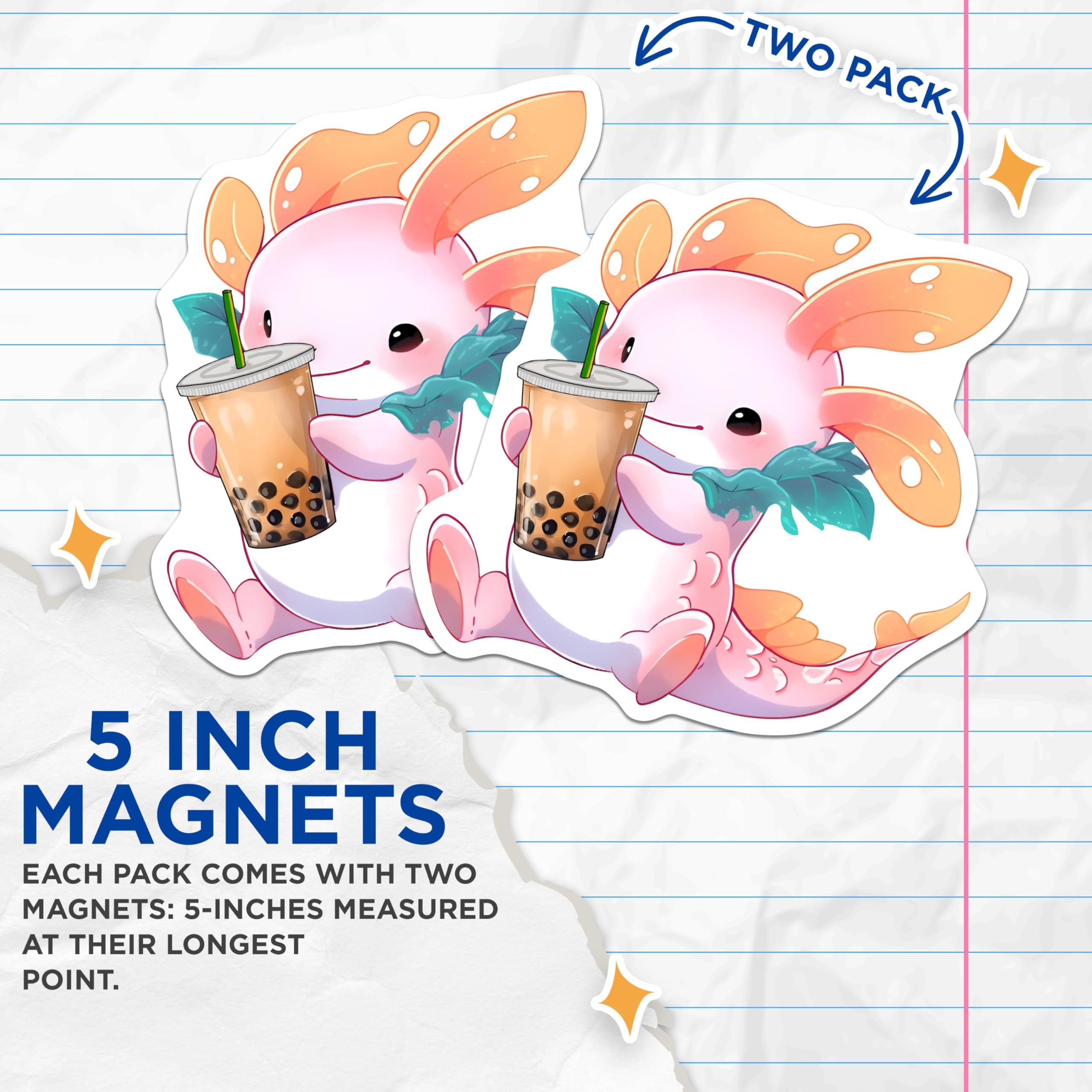 (2 Pack) Cute Axolotl Holding Boba Tea Magnets - Kawaii Animal Lover - Unique Axolotl Art - 5" On Longest Side - for Cars, Fridges, Toolboxes - Made in USA - MAG7790