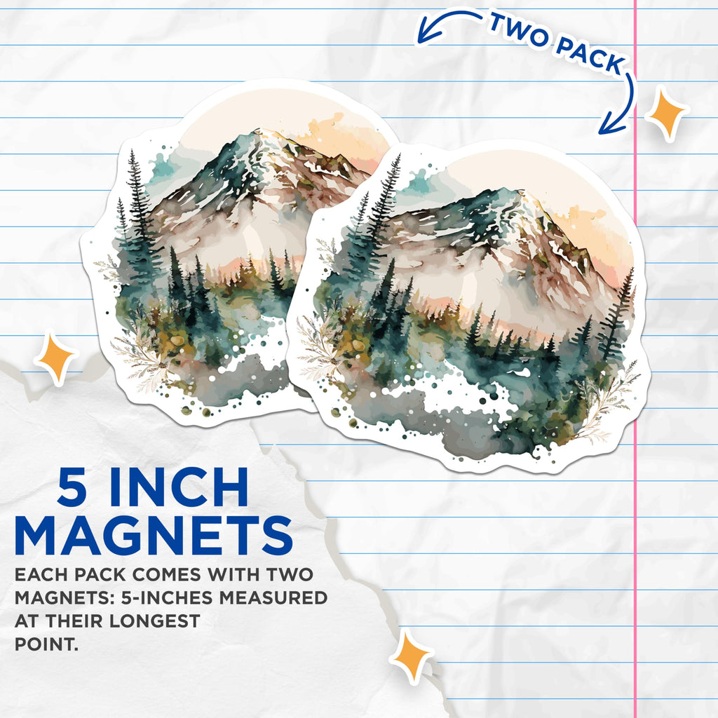 (2 Pack) Watercolor Mountain Magnets - Evergreen Forest Art - Snowy Peak Landscape - 5 Inches On Longest Side - Thick Durable Magnet - Made in USA - MAG19309
