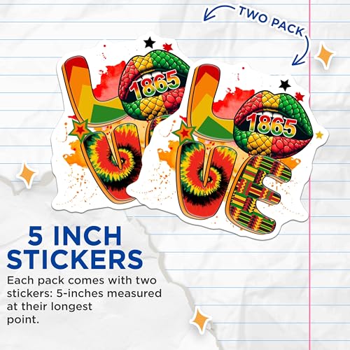 (2 Pack) Love 1865 Stickers - Afrocentric Pride - Colorful Art - 5" On Longest Side - Sticks to Smooth Flat Surfaces - Made in USA - BMCS7859