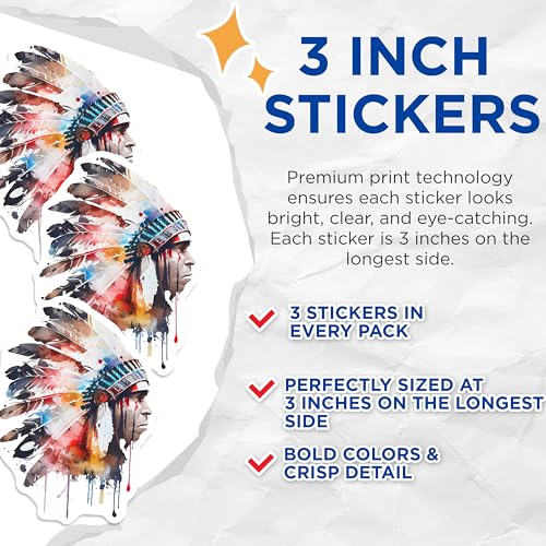 (3 Pack) Native American Decals - Watercolor Chief Decal - Laptop Decals - 3 Inches On Longest Side - Easy Peel & Apply - Made in USA - 3MCS7781