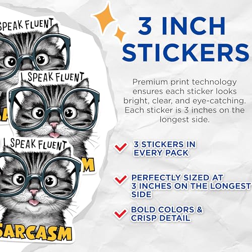 (3 Pack) Sarcastic Cat Decals - Fluent Sarcasm - Cat with Glasses - 3 Inches On Longest Side - Easy Peel & Apply - Made in USA - 3MCS0928