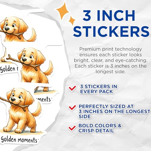 (3 Pack) Golden Retriever Decals - Cute Dog Sticker - Golden Moments Decal - 3 Inches On Longest Side - Easy Peel & Apply - Made in USA - 3MCS2401