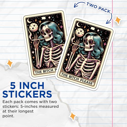 (2 Pack) Skeletal Moon Art Stickers - Retro Skeleton Stickers - Funny Gothic Stickers - 5" On Longest Side - Sticks to Smooth Flat Surfaces - Made in USA - BMCS5520