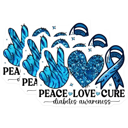 (3 Pack) Diabetes Awareness Decals - Peace Love Cure - Blue Ribbon Decals - 3 Inches On Longest Side - Easy Peel & Apply - Made in USA - 3MCS2592