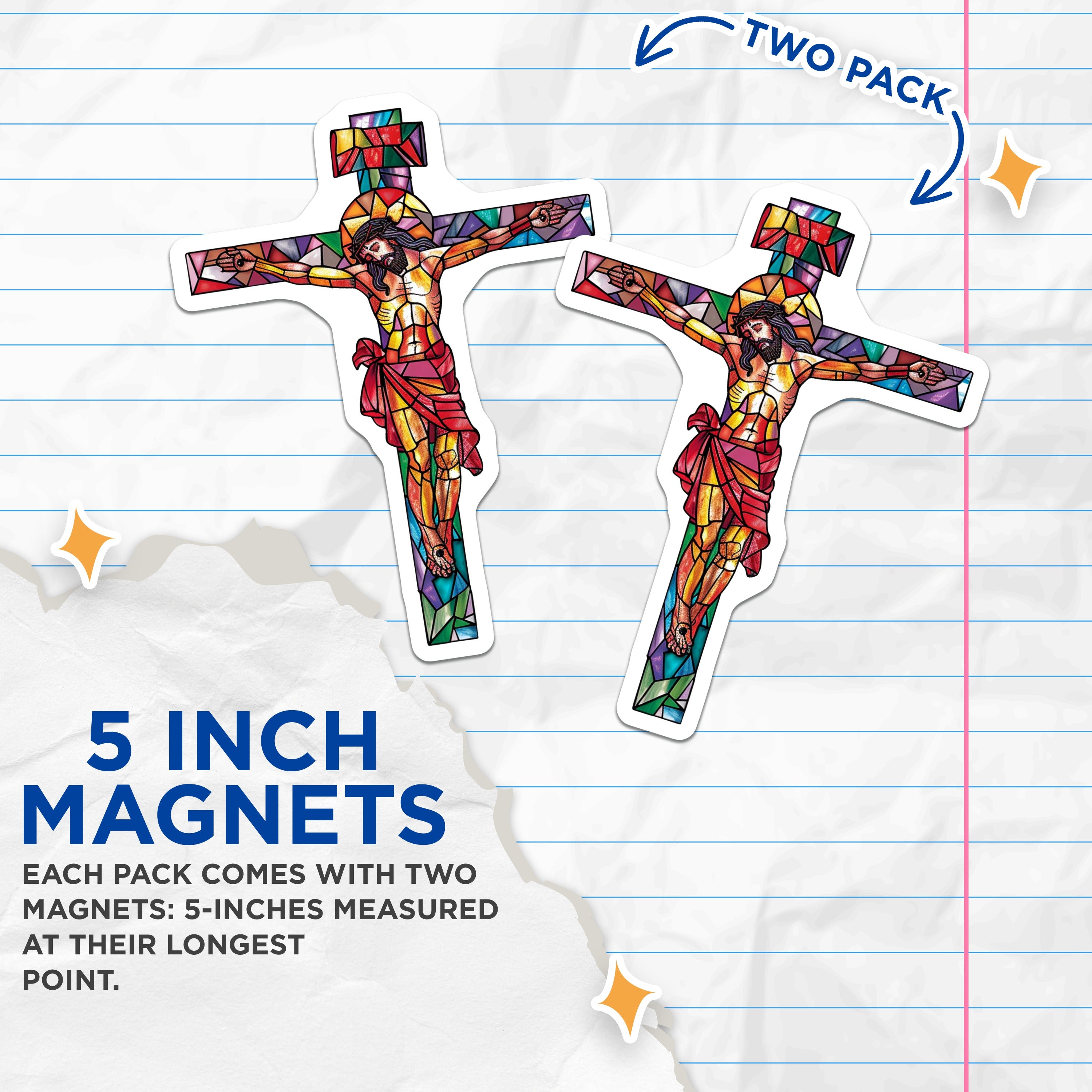 (2 Pack) Jesus Christ Magnets - Stained Glass Cross - Christian Decor - Religious Faith Magnets - 5 Inches On Longest Side - Thick Durable Magnet - Made in USA - MAG37510