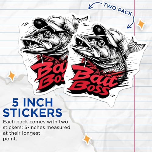 (2 Pack) Fishing Bait Boss Stickers - Bass Fish Stickers - Angler Fun Stickers - 5" On Longest Side - Sticks to Any Smooth Flat Surface - Made in USA - BMCS3353