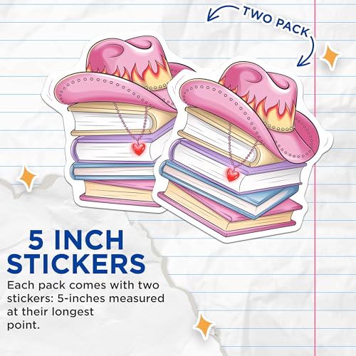 (2 Pack) Book Lover Stickers - Cowboy Hat Stickers - Book Stack Stickers - 5" On Longest Side - Sticks to Smooth Flat Surfaces - Made in USA - BMCS9450