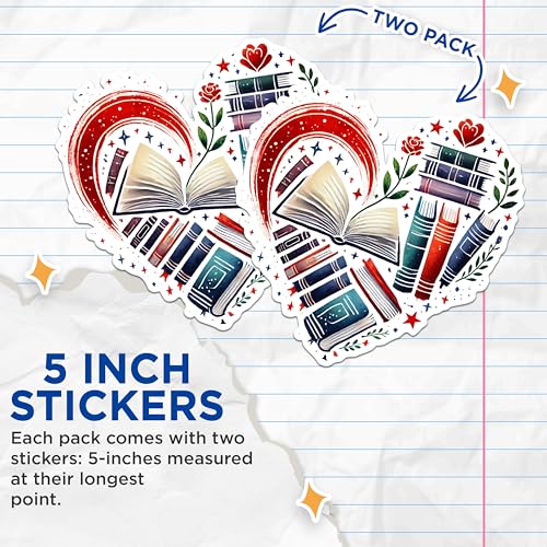 (2 Pack) Library Book Lover Stickers - Heart-Shaped Book Stickers - Reading Enthusiast Stickers - 5" On Longest Side - Sticks to Any Smooth Flat Surface - Made in USA - BMCS2763